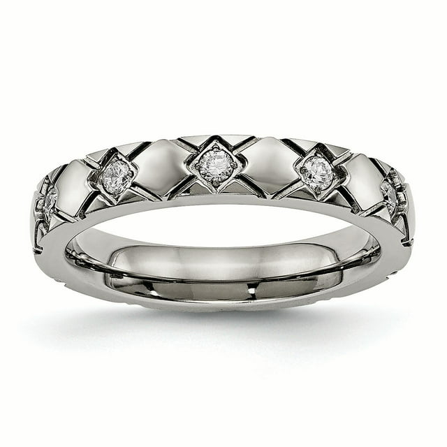 Titanium Polished Criss Cross Grooved CZ Ring 10 Size