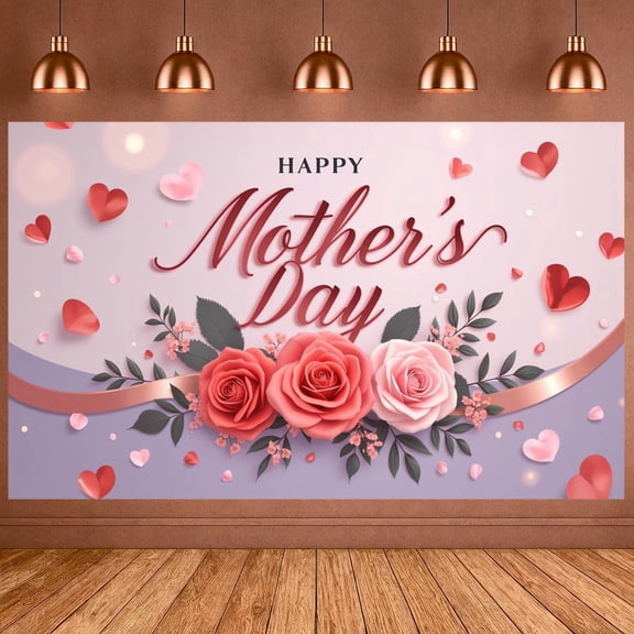 Floral Design Happy Mother's Day Banner Heart Shape Mother's Day Backdrop Ribbon Decor Leaf Accent Love Theme Banner for Mother's Day Party Home Decoration Family Reunion