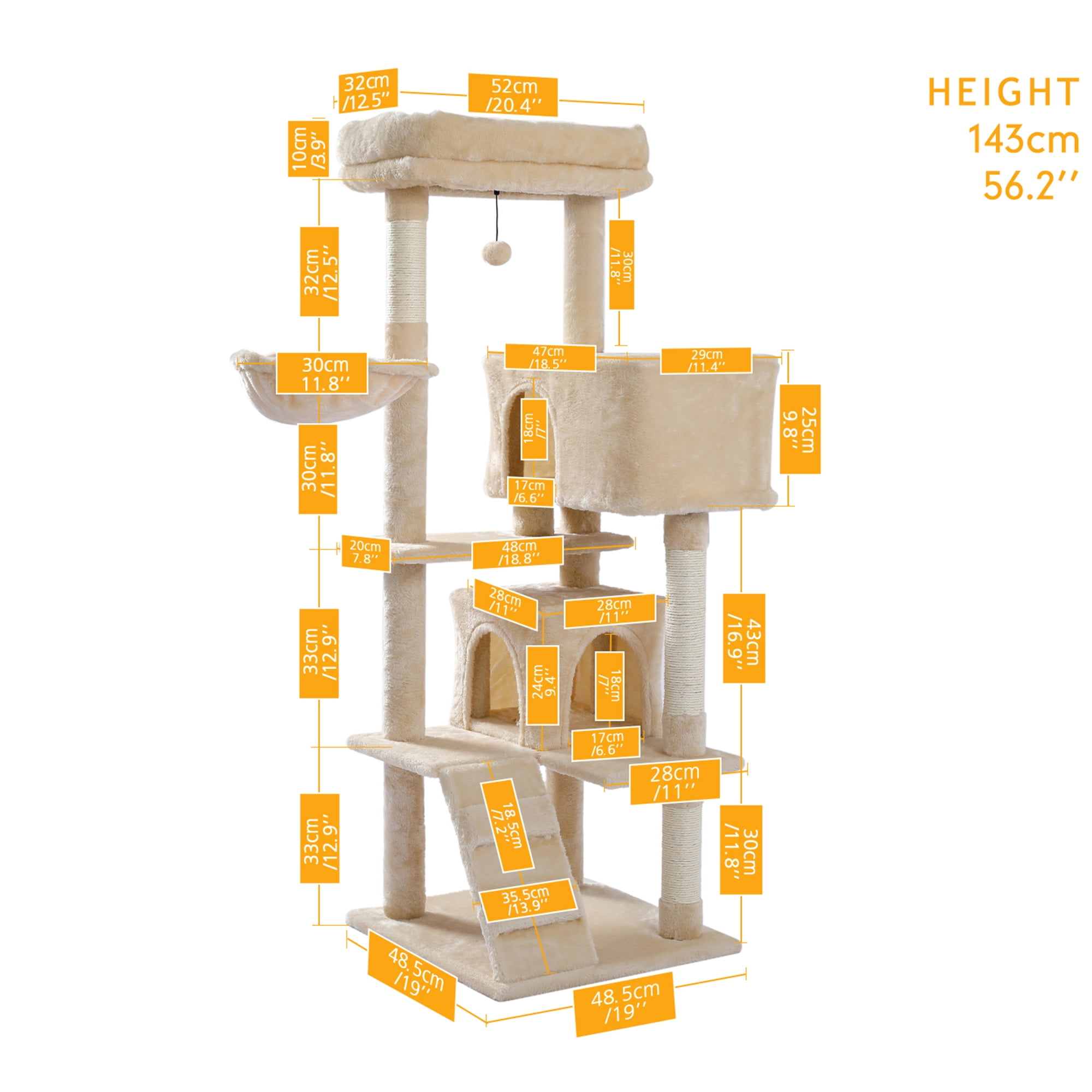 Kadyn 56" Cat Tree Tower for Indoor Cats, Cat Tree House for Multiple Cats with 2 Cozy Condos, Top Perch, Hammock, Climbing ladder and Dangling Ball, Dark Gray