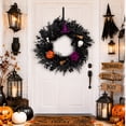 thumbnail image 5 of Halloween Artificial Black Foliage Wreath with Witch Hat, Spider, Skull, Pumpkin and Purple Rose | Spooky Halloween Wreath for Front Door Porch Wall Home Party Decor, 5 of 9