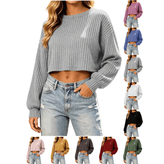 Liuinsasek Women's Cropped Top Long Sleeve Round-Neck Fashion Solid Color Pullover Fall/Winter Classic Casual and Comfortable Ribbed Top Sweater