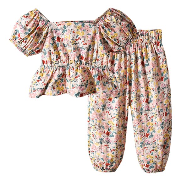 LNMQLPDBS Girls Summer Sets Puff Sleeve Ruffle Hem Floral Printed Top & Elastic Waist Pants 2pcs Outfits Summer Outdoor Casual Fashionable Suit Toddler Girl Clothes for Tour Vacation and Photo