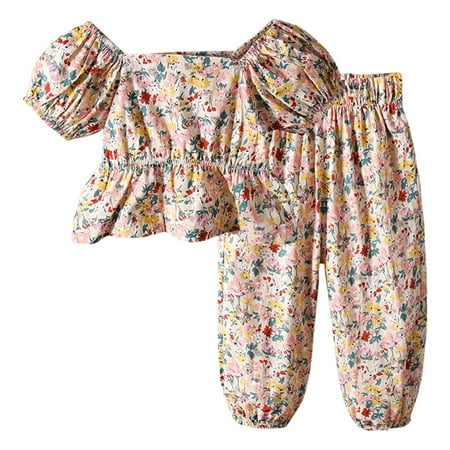 

Cute Summer Toddler Girls Outfits Set Kids Sleeveless Outfits&Set Bubble Sleeve Floral Pattern Set Outdoor Casual Fashionable Suit For 5-6 Years