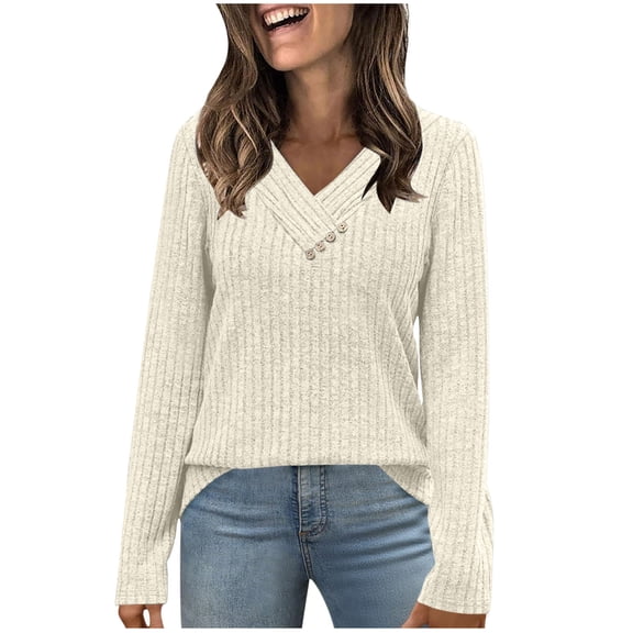 Npasoilc Striped Knitted Sweaters for Women Cross Button V-Neck Long Sleeve Blouse Lightweight Comfy Fall Winter Outfits Casual Loose Base T-Shirts