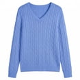 thumbnail image 3 of QUALFORT Women's 100% Cotton V-Neck Cable Knit Sweater, Lightweight Long Sleeve Pullover Sweater for Women, Blue L, 3 of 9