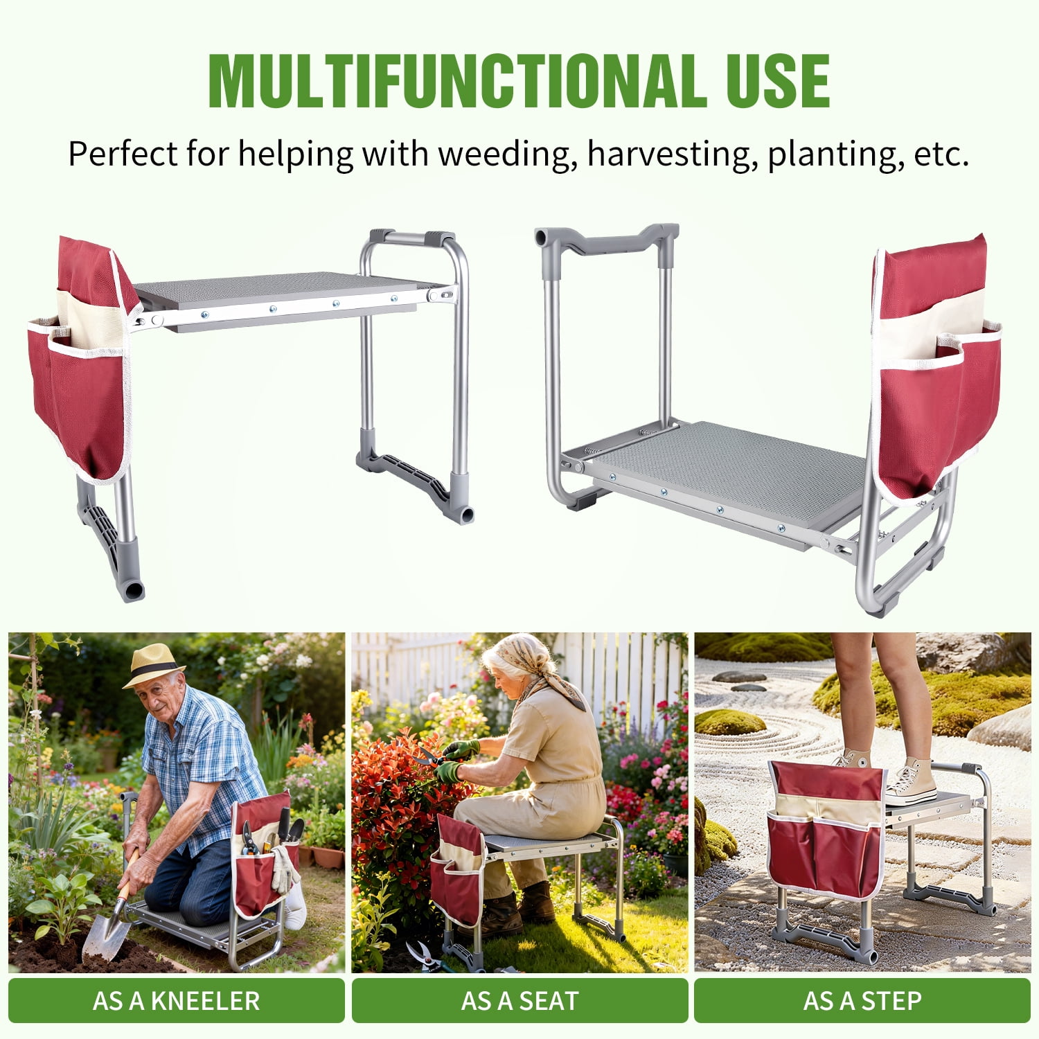 SAFH Garden Kneeler and Seat, Heavy Duty Foldable Gardening Stool with Thicken & Wide Kneeling Pad, Portable Kneeling Bench for Gardening with 2 Tool Pouches, Garden Stool for Adults Seniors