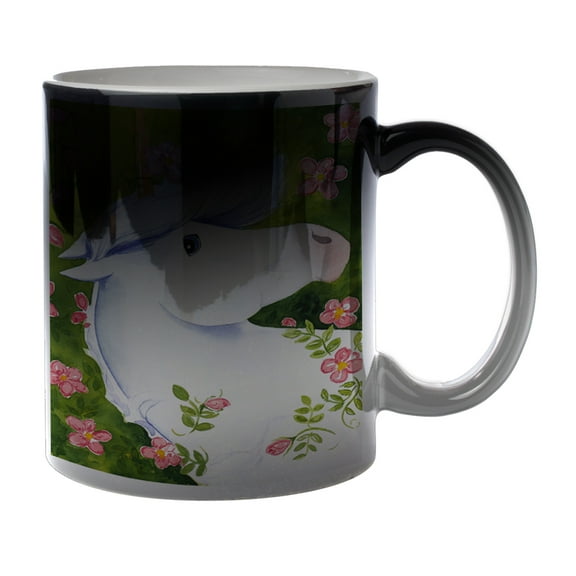 KuzmarK Black Heat Morph Color Changing Coffee Cup Mug 11 Ounce - Blue-Eyed Unicorn with Pink Roses Art by Denise Every