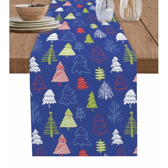 ERUNPONLY Christmas Tree Table Runner - 36 Inch Long Red Blue Gold Yellow Modern Cartoon Cotton and Linen Blended Dress Scarves Farmhouse Table Runner for Kitchen Dining, Coffee Table, 13"x36"