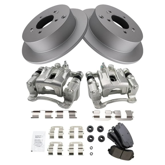 TRQ Rear Brake Pad & Rotor Kit Brake Caliper Brake Pads Brake Rotor Ceramic Solid Premium G-Coated Fits Select 2010-2015 Hyundai Tucson 2011-2016 Kia Sportage