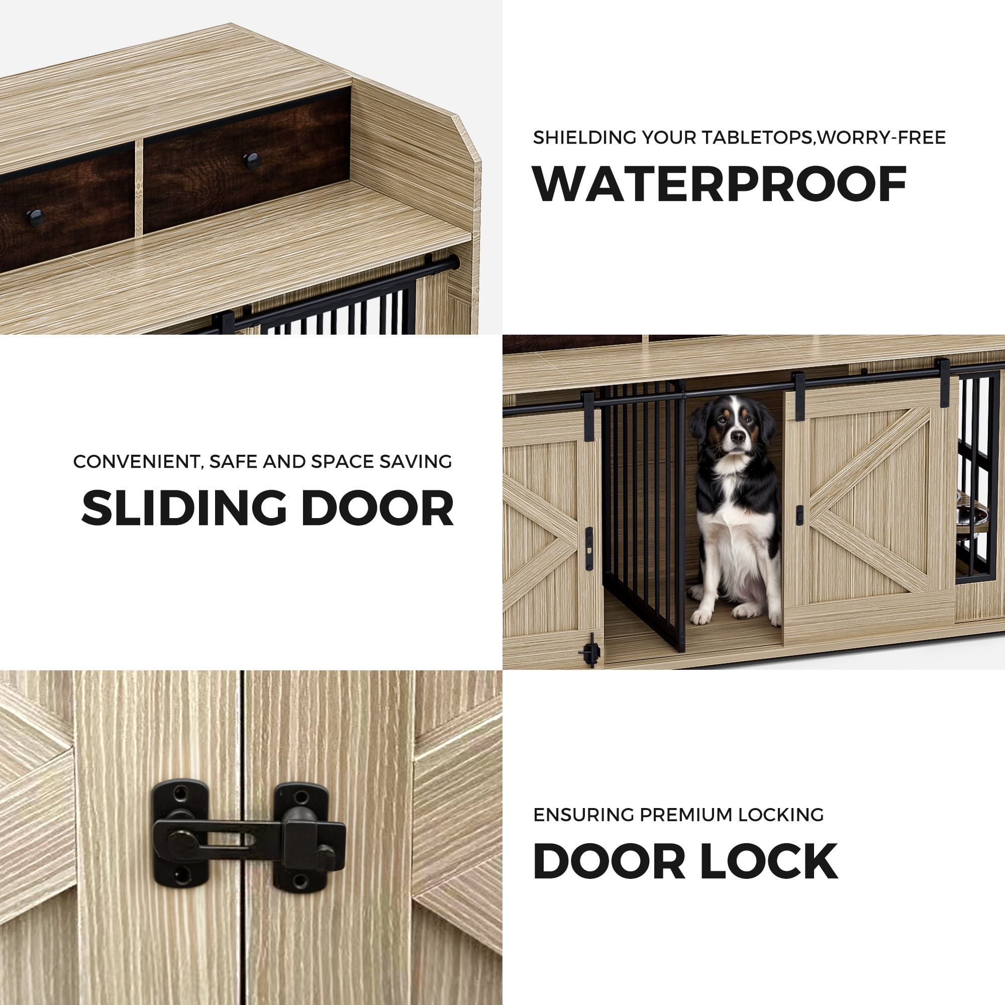 Advwin 63" Wooden Double Dog Crate Furniture with Drawers, Divider, Sliding Doors and Dual Feeding Stations, TV Stand Dog Kennel for 2 Small/Medium Dogs, Light Brown
