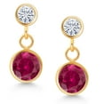 thumbnail image 2 of Gem Stone King 14k Yellow Gold Red Created Ruby and White Moissanite Two Stone Dangle Earrings for Women (2.20 Cttw, Gemstone July Birthstone, Round 6MM, Round 3MM), 2 of 4