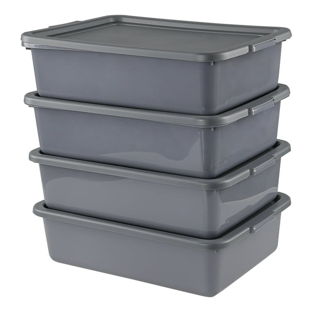 Doryh 13 L Gray Commercial Bus Box Tubs with Lids, 4Pack Plastic Utility Bus Box