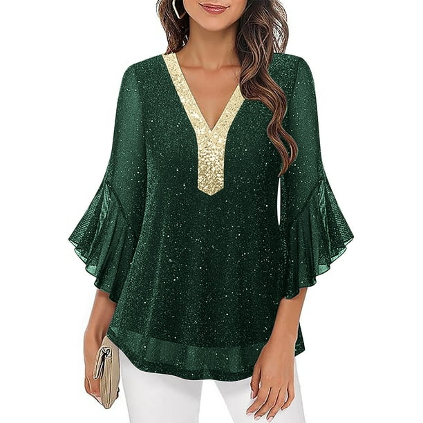 Ounisa Women's Ruffle 3/4 Sleeve Sparkly Tops Sequin V Neck Blouses Dressy Fall Shirts