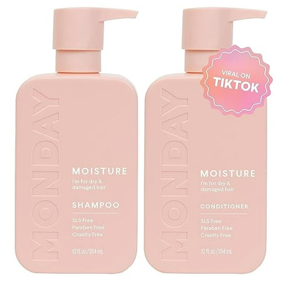 MONDAY HAIRCARE Moisture Shampoo + Conditioner Set for Dry, Coarse, Stressed, Coily & Curly Hair, Made from Coconut Oil, Rice Protein, Shea Butter, & Vitamin E, All-Natural, 12 Fl Oz (Pack of 2)