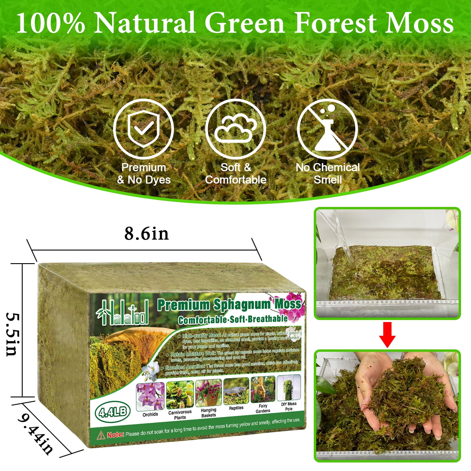 Halatool 4.4LB Green Forest Moss- 25QT Natural Sphagnum Moss for Plants Fluffy Orchid Moss for Orchids Repotting Dried Plant Moss for Potted Plants Indoor & Outdoor