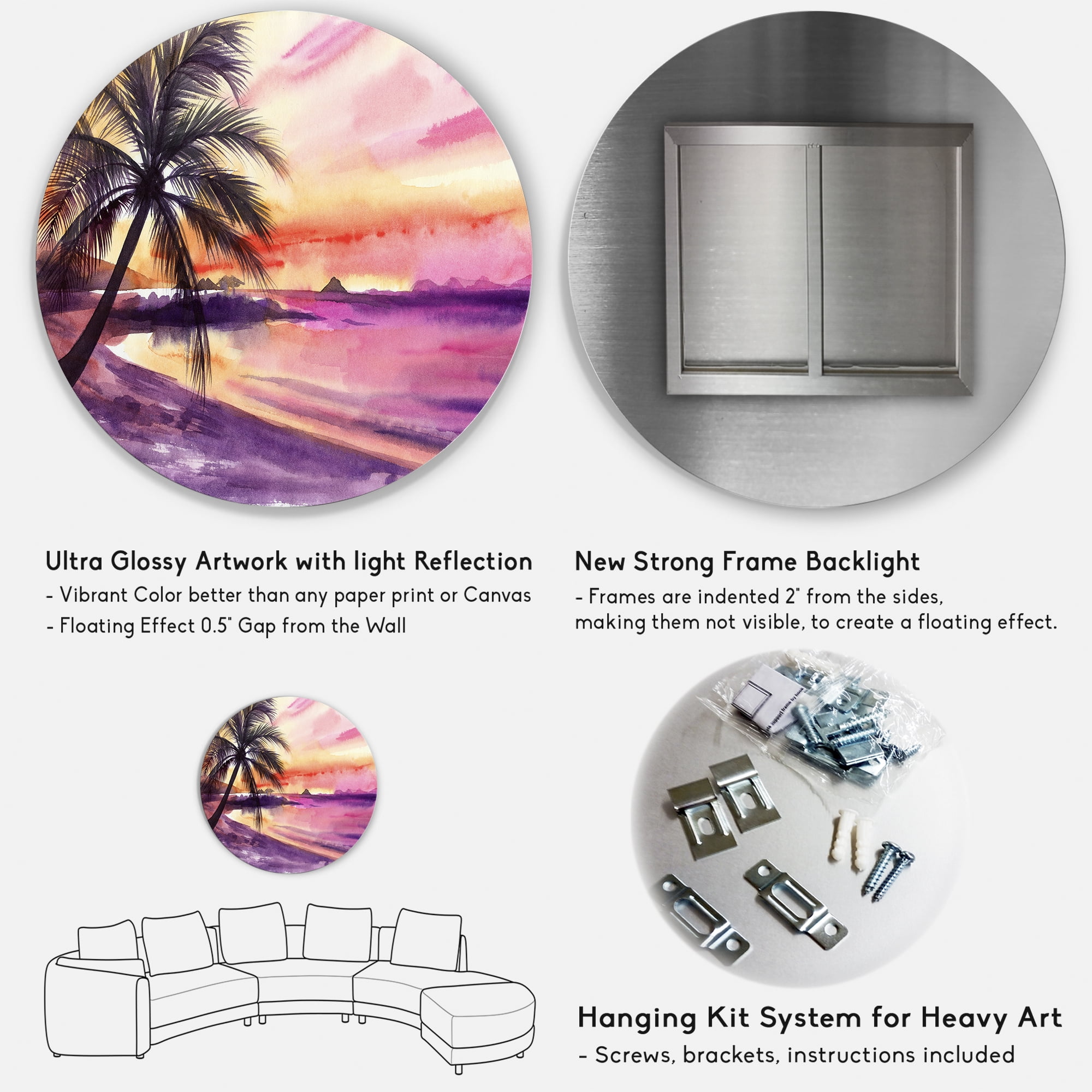 Purple and Pink Palm Beach Sunset 11 in x 11 in Painting Art Prints, by Designart