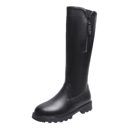 

Black Boots for Women Ladies Fashion Solid Color Leather Side Zipper Fleece Warm Thick Heel Boots Keen-High Boots for Women PU Black