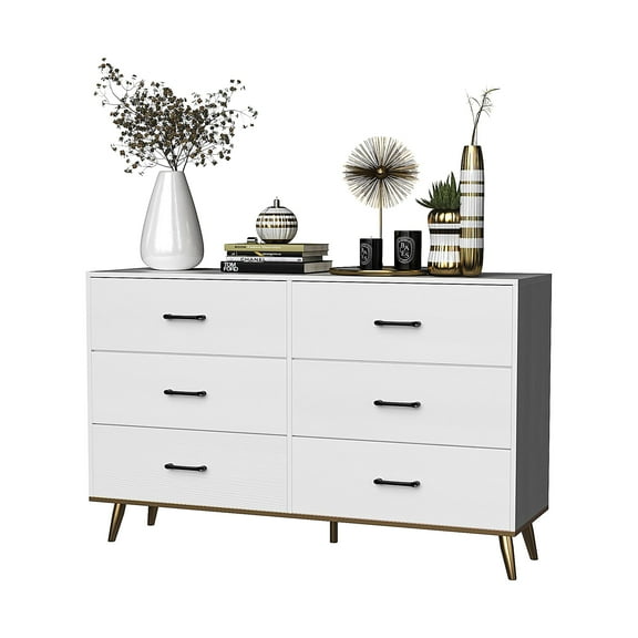 Zimtown Double Dresser with 6 Drawers, 52'' Wide Chest of Drawers for Bedroom, Storage Cabinet for Living Room, White