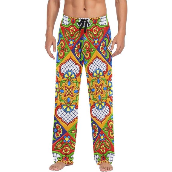Mexican Talavera Tile Ghost Pajama Pants, Men's Lounge Pants Light with Drawstring and Pockets, Christmas New Year Birthday Father's Day Gifts