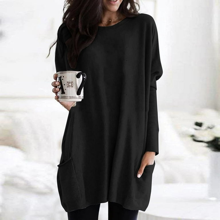 Tunic Tops to Wear with Leggings Dressy Flowy Hide Belly Long Shirt Comfy  Long Sleeve Shirts Round Neck Solid Plus Size Tops for Women Black S 