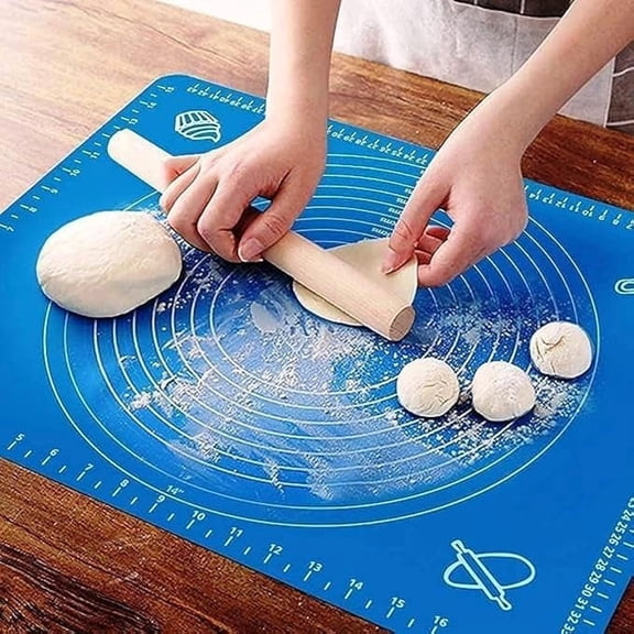 Silicone Baking Mat for Rolling Pastry Dough with Measurements, 25.6" x 17.7" BPA Free Non stick and Non Slip Blue Table Sheet Baking Supplies for Bake Pizza Cake