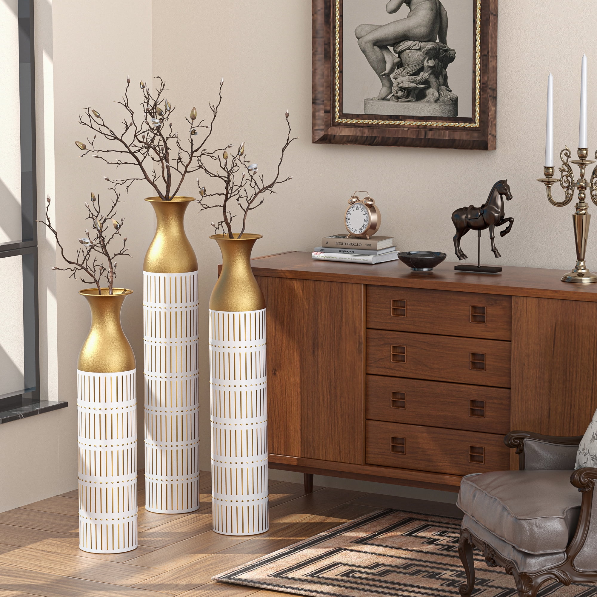 Aukfa Tall Floor Vase for Flowers,Set of 3 Large Metal Glazed Vase,24.5"/28.75"/33.5",White