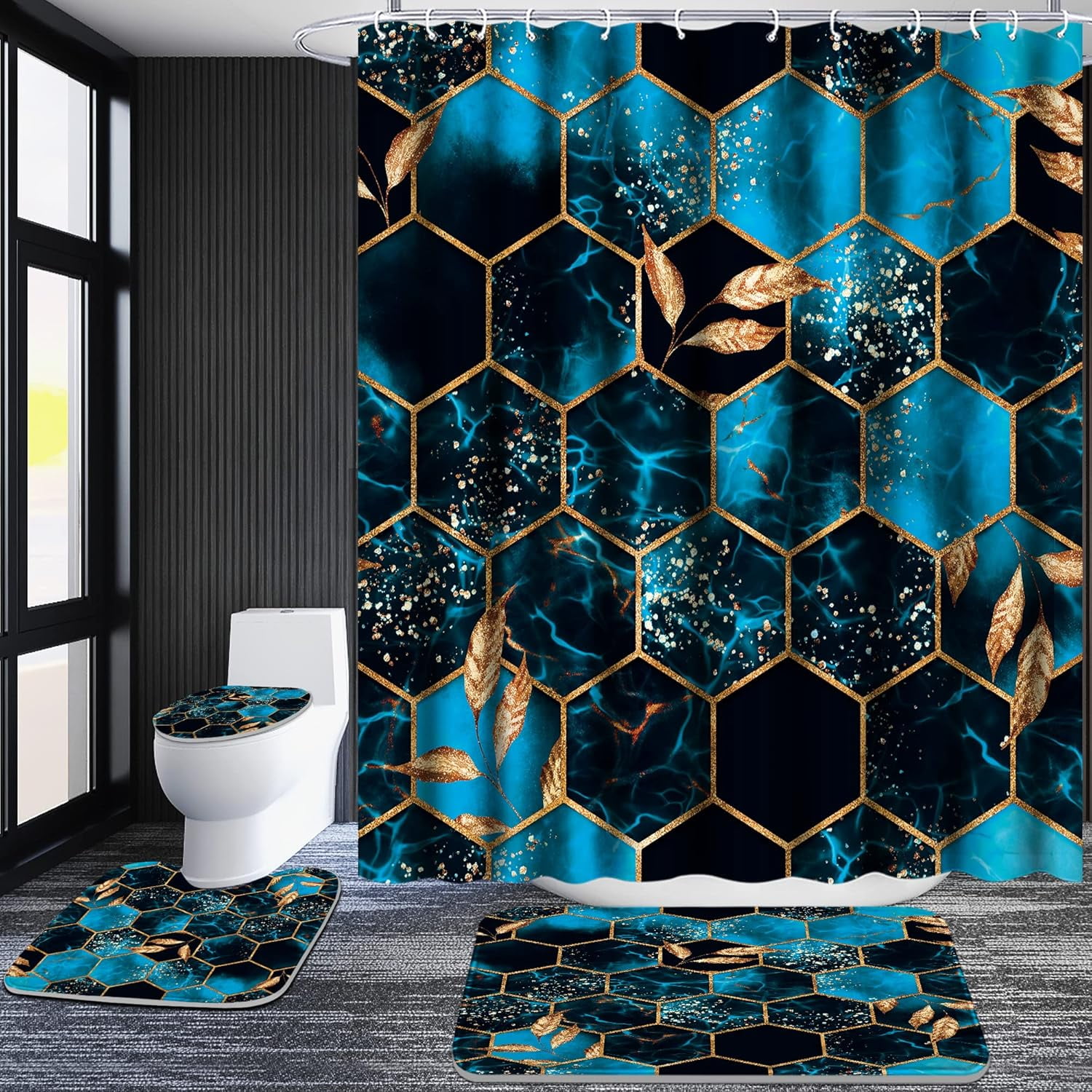 4 Pcs Bathroom Shower Curtain Set,Bathroom Sets with Rugs(Bath Mat,U Shape and Toilet Lid Cover Mat) and 12 Hooks,Sky Blue Honeycomb Marble