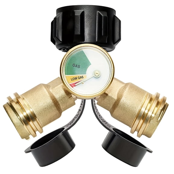 Propane Splitter, Propane Tank Y Splitter Adapter with Gauge, 2 Way LP Gas Adapter Tee Connector for 20lb Propane Tank Cylinder, Work with BBQ Grills, Camping Stoves, Gas Burners, Heater