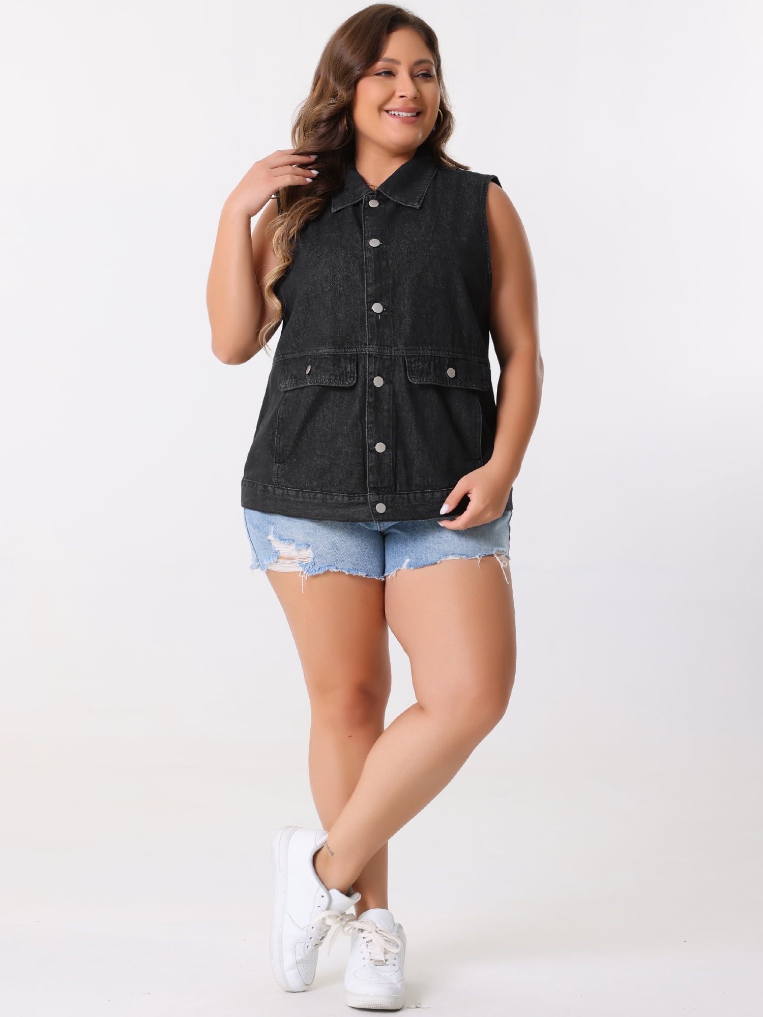 DARING DIVA Women's Plus Size Button Down Sleeveless Denim Vest 1X Black