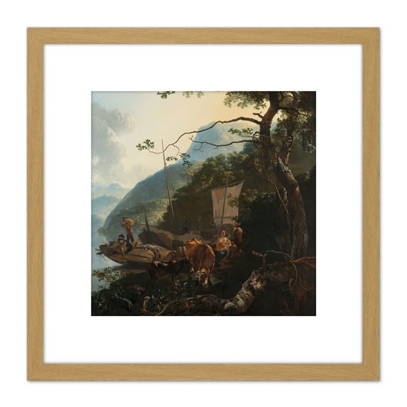 Pijnacker Boatmen Moored On Shore Of Italian Lake 8X8 Inch Square Wooden Framed Wall Art Print Picture with Mount