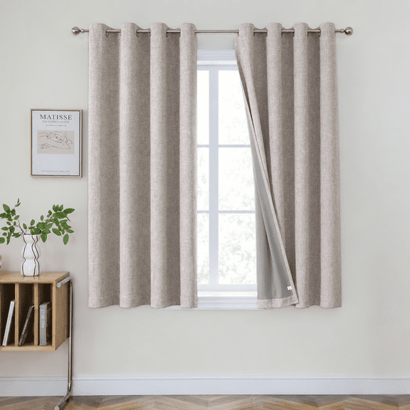 SUSIELADY Blackout Curtains 2 Panels Set 52x63 Inch Linen Textured 100% Blackout Drapes Room Darkening Thermal Insulated Grommet Curtains for Bedroom Living Room Office, Natural
