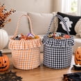 thumbnail image 4 of Basket with Handle Purple Gingham Ruffle Fabric Storage Basket 9X9X8 Inch Single Pc Round Trick Or Treat Basket for Halloween Party Favors, 4 of 9