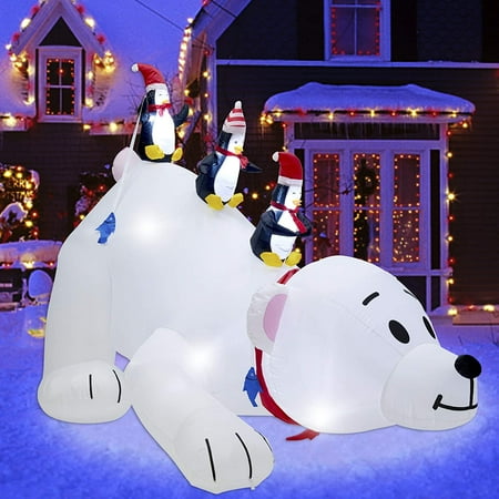 Christmas 7.7(L) X 6 Ft(H) Inflatables Lighted Polar Bear With Three Penguins, Blow Up White Bear Happy Fishing Penguin, Indoor Outdoor Xmas Winter Decor Lawn Yard Garden Decorations