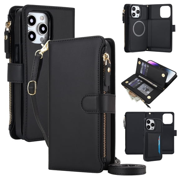 Dteck 2-in1 Detachable Magnetic Zipper Wallet Pocket Case for Apple iPhone 16 Pro Max with Crossbody Shoulder Strap, Shockproof RFID Blocking Card Slot Flip Stand Cover, Black