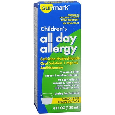 Sunmark Children's All Day Allergy, Cetirizine, Oral Solution, Sugar Free, Grape Flavor - 4 oz