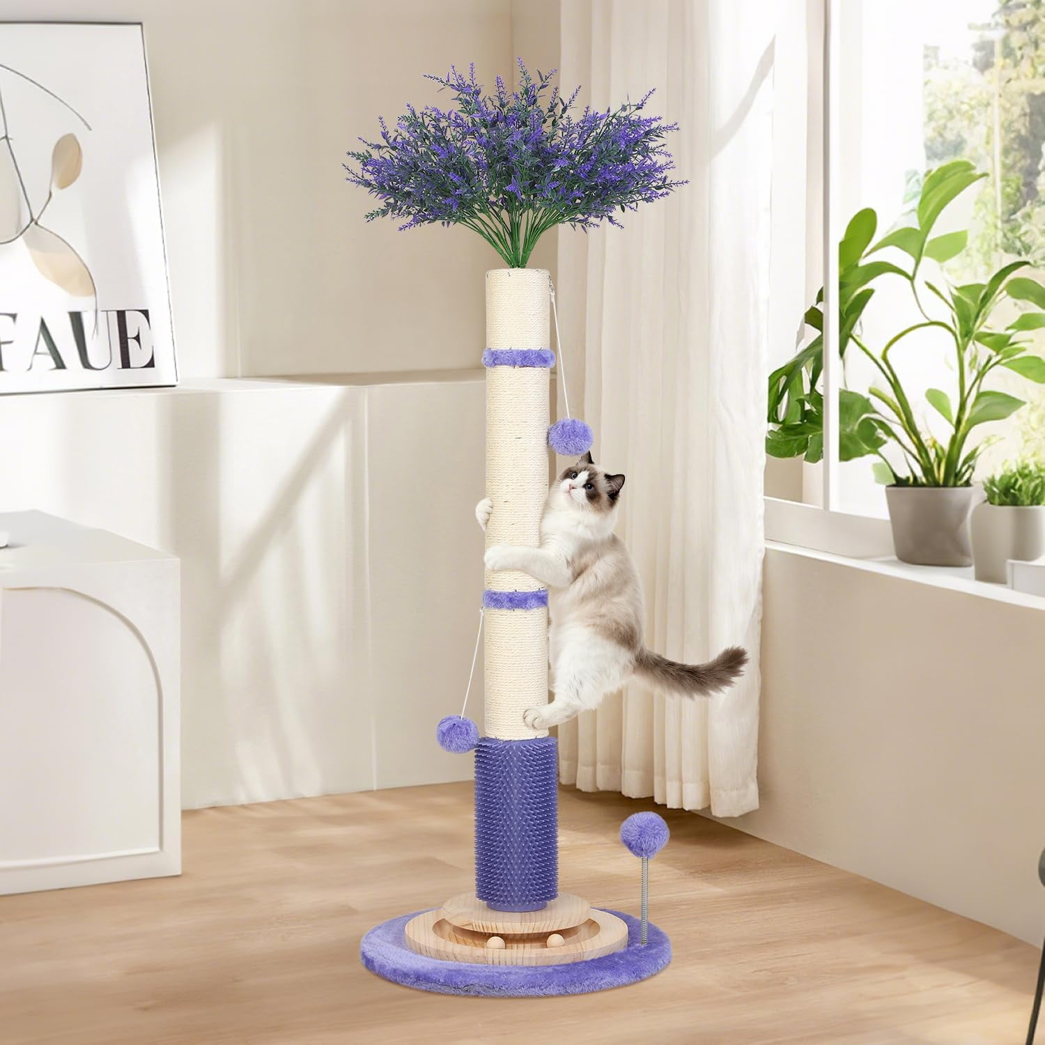 Gothic Black Cat Scratching Post with Sisal Rope, Interactive Ball Toys, and Self-Groomer Brush for Large Indoor Cats