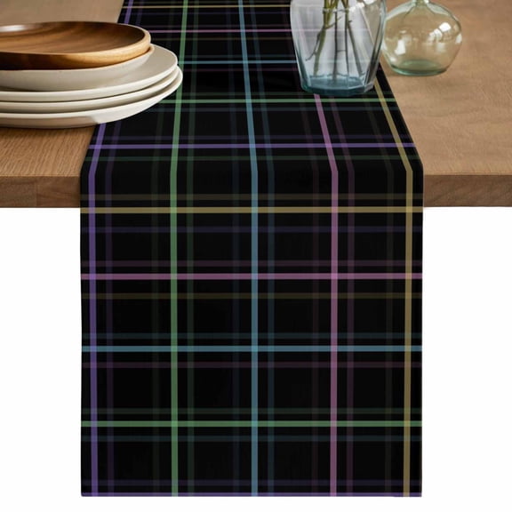 Black Geometric Cotton Linen Table Runner for Dining Kitchen, Vintage Grid Plaid Colorful Lines Wedding Outdoor Party Tablerunners Decoration, Dresser Scarf Coffee Tablecloth Runners 13x60 Inches