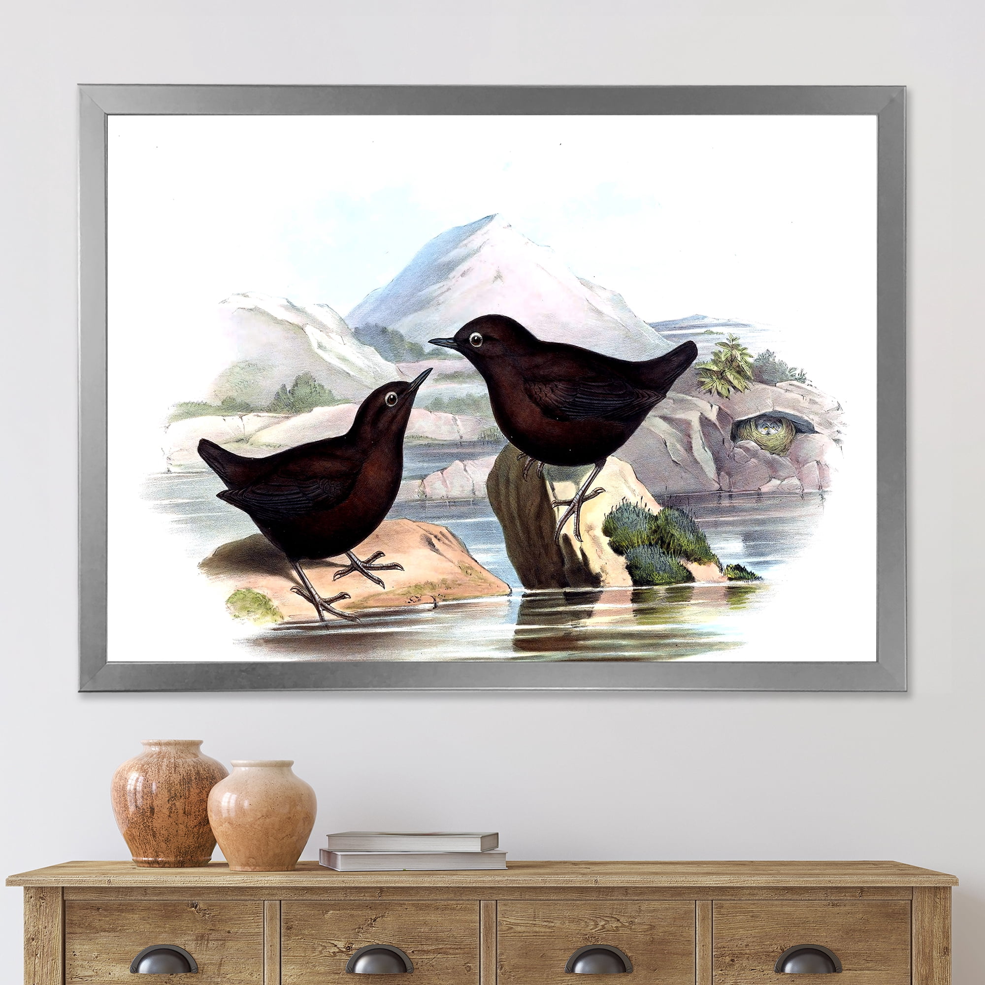 Designart 'Vintage Countryside Two Birds' Farmhouse Framed Art Print