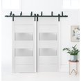 thumbnail image 3 of Sliding Closet Frosted Glass 2 lites Barn Bypass Doors 60 x 96 inches | Lucia 4010 White Silk | Sturdy 6.6ft Rails Hardware Set | Wood Solid Bedroom Wardrobe Doors, 3 of 6