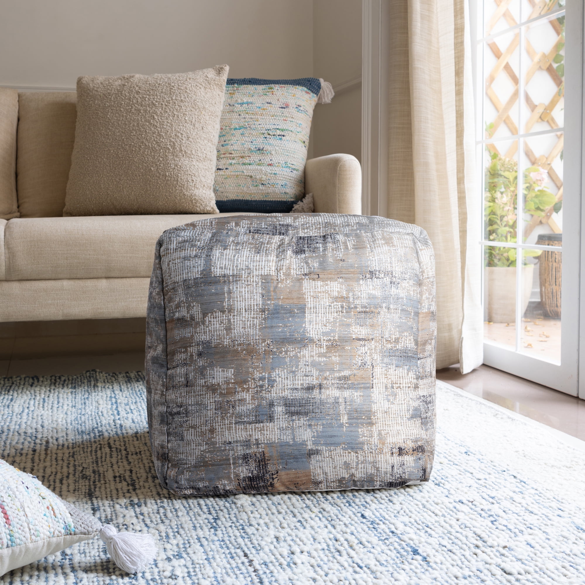 Ox Bay Orlando Taupe/Blue Abstract Medium Square Indoor Pouf Ottoman, 18" H x 18" W