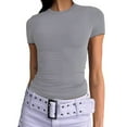 thumbnail image 4 of YDKZYMD Graphic Crop Tops for Women Y2k Slim Fitted Layering Basic Tee Short Sleeve Teen Girls Crew Neck Trendy Tight Shirt Juniors Cute Summer Tops Light Gray S, 4 of 5