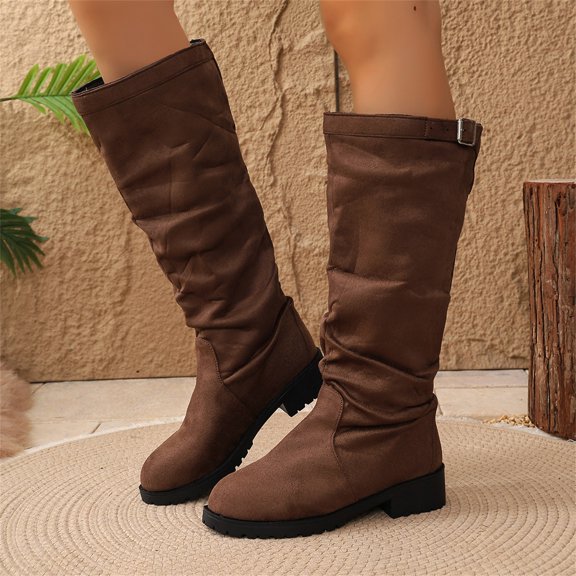 Domuza Women's Slouchy Knee High Boots, Faux Suede Buckle Decor Low Block Heel Tall Boots, Non-Slip Ruched Casual Winter Boots for Daily Commuting Walking Outdoor Wear Brown 6.5(EU-37)