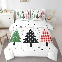 jejeloiu Kawaii Xmas Tree Snowflake Merry Christmas Happy New Year King Comforter Sheet Set, Reversible Red White Girl Bedding, 7-Piece