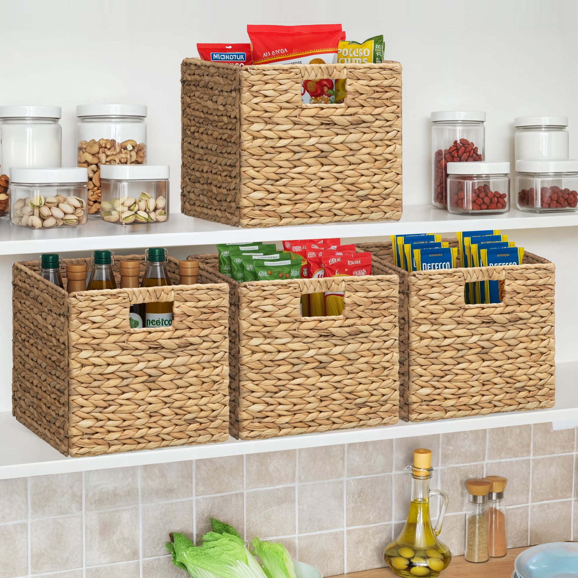 eHemco Large Square Woven Hyacinth Wicker Pantry Storage Baskets with Iron Wire Frame, 11"x11"x10", Natural, Set of 6