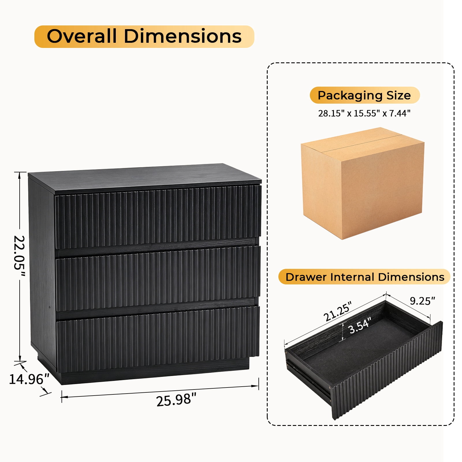 Handleless Grille-Finished 3-Drawer Bedside Table, P2 Particleboard + MDF & Melamine Veneer + Thermoformed Drawer Cabinet 23.62*12.99*22.05in Black