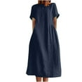 thumbnail image 1 of CHUANK Robe en Coton et Lin à Manches Courtes pour Femme Grande Taille avec Poches, T-Shirts à Col Rond, Couleur Unie, Coupe Ample, Robe d'Été M-3TG (3X-Grand Blanc), 1 of 5