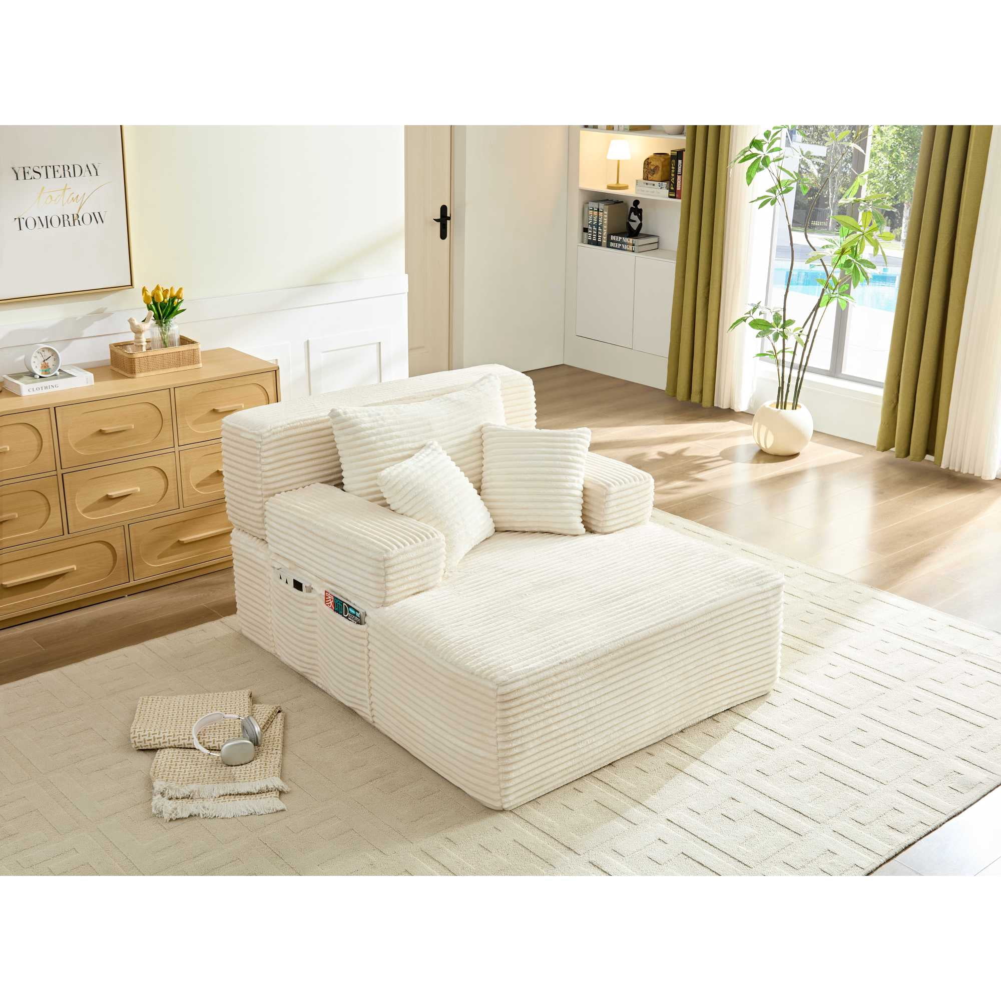 Leumius 70.8" Chaise Lounge Chair Indoor,Oversized Boneless Lounge Chair with Adjustable Backrest & Storage Pocket,Cloud Reading Chair for Living Room Bedroom, No Assembly Required,White