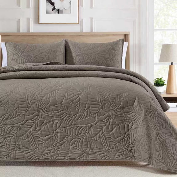 Bourina Ultrasonic Quilt Set 3-Piece Bedding Set Pre-Washed Microfiber Ultra Soft Lightweight Leaf Bedspread Coverlet Set for All Season, Queen Taupe