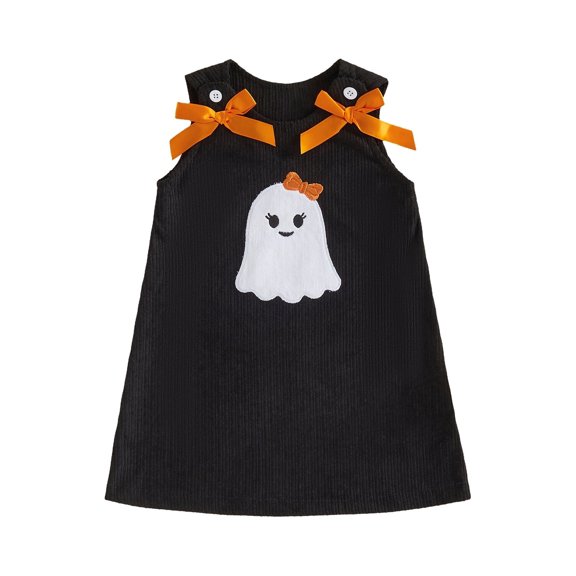 Cjfdfy Toddler Baby Girls Halloween Outfit Dress Pumpkin Ghost Corduroy Embroidery Sleeveless Bow Decor A-line Stripe Dress Cute My First Halloween Fall Winter Outfit 6M-4Y