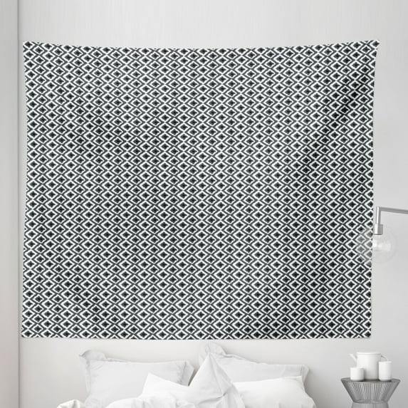 Geometric Tapestry, Hand Drawn Greyscale Illustration of Rhombuses Diagonal Herringbone Lines, Fabric Wall Hanging Decor for Bedroom Living Room Dorm, 5 Sizes, Grey Charcoal Grey, by Ambesonne